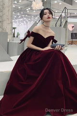 Wine Red Velvet Off Shoulder Party Dress, A-Line Velvet Bridesmaid Dress Prom Dress