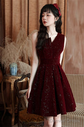 Wine Red Velvet Short Party Dress Homecoming Dress, Wine Red Bridesmaid Dress