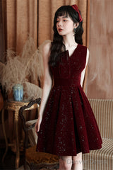Wine Red Velvet Short Party Dress Homecoming Dress, Wine Red Bridesmaid Dress