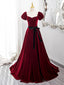 Wine Red Velvet Short Sleeves A Line Prom Dress, Wine Red Long Prom Dresses
