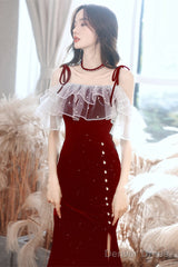 Wine Red Velvet Straps Wedding Party Dress, Wine Red Lace-Up Evening Dress