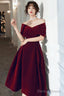 Wine Red Velvet Tea Length Homecoming Dress, Dark Red Prom Dresses