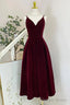 Wine Red Velvet Tea Length Homecoming Dress, Wine Red V Neckline Prom Dresses