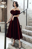 Wine Red Velvet Tea Length Off Shoulder Prom Dress, Wine Red Bridesmaid Dresses
