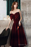 Wine Red Velvet Tea Length Prom Dress, Wine Red Homecoming Dress Prom Dresses