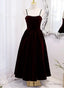 Wine Red Velvet Tea Length Prom Dress, Wine Red Straps Homecoming Dresses