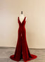 Wine Red Velvet V Neckline Long Prom Dress, A Line Velvet Prom Dresses with Slit