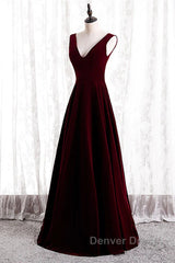 Wine Red Velvet V-Neckline Simple Long Party Dresses, Wine Red Bridesmaid Dresses