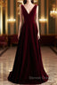 Wine Red Velvet V-Neckline Simple Long Prom Dress, Wine Red Bridesmaid Dresses