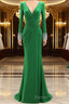 Women Long Mother of Bride Dress Green Grey Long Sleeve V Neck Prom Dresses