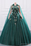 Womens Beaded Applique Tulle Emerald Green Prom Ball Gown Quinceanera Dress A Line Wedding Bridesmaid Eveniing Dresses