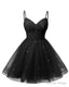 Womens V Neck Tulle Spaghetti Straps Black Homecoming Dresses with Corset Back Short Prom Gown for Teens