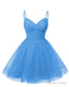 Womens V Neck Tulle Spaghetti Straps Blue Homecoming Dresses with Corset Back Short Prom Gown for Teens