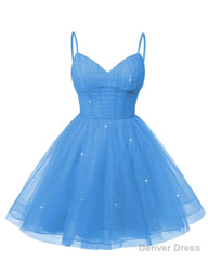 Womens V Neck Tulle Spaghetti Straps Blue Homecoming Dresses with Corset Back Short Prom Gowns for Teens