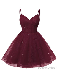 Womens V Neck Tulle Spaghetti Straps Burgundy Homecoming Dresses with Corset Back Short Prom Gowns for Teens
