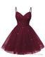Womens V Neck Tulle Spaghetti Straps Burgundy Homecoming Dresses with Corset Back Short Prom Gown for Teens