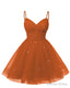 Womens V Neck Tulle Spaghetti Straps Burnt Orange Homecoming Dresses with Corset Back Short Prom Gown for Teens