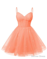 Womens V Neck Tulle Spaghetti Straps Coral Homecoming Dresses with Corset Back Short Prom Gowns for Teens