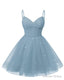 Womens V Neck Tulle Spaghetti Straps Dusty Blue Homecoming Dresses with Corset Back Short Prom Gown for Teens