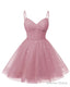 Womens V Neck Tulle Spaghetti Straps Dusty Rose Homecoming Dresses with Corset Back Short Prom Gown for Teens
