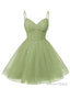 Womens V Neck Tulle Spaghetti Straps Dusty Sage Homecoming Dresses with Corset Back Short Prom Gown for Teens