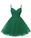 Womens V Neck Tulle Spaghetti Straps Emerald Green Homecoming Dresses with Corset Back Short Prom Gown for Teens