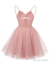 Womens V Neck Tulle Spaghetti Straps Homecoming Dresses with Corset Back Short Prom Gowns for Teens