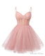 Womens V Neck Tulle Spaghetti Straps Homecoming Dresses with Corset Back Short Prom Gown for Teens