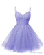 Womens V Neck Tulle Spaghetti Straps Lavender Homecoming Dresses with Corset Back Short Prom Gown for Teens
