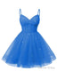 Womens V Neck Tulle Spaghetti Straps Light Royal Blue Homecoming Dresses with Corset Back Short Prom Gown for Teens