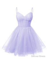 Womens V Neck Tulle Spaghetti Straps Lilac Homecoming Dresses with Corset Back Short Prom Gowns for Teens
