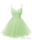 Womens V Neck Tulle Spaghetti Straps Mint Green Homecoming Dresses with Corset Back Short Prom Gown for Teens