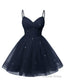 Womens V Neck Tulle Spaghetti Straps Navy Blue Homecoming Dresses with Corset Back Short Prom Gown for Teens