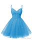 Womens V Neck Tulle Spaghetti Straps Ocean Blue Homecoming Dresses with Corset Back Short Prom Gown for Teens