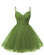 Womens V Neck Tulle Spaghetti Straps Olive Green Homecoming Dresses with Corset Back Short Prom Gown for Teens