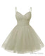 Womens V Neck Tulle Spaghetti Straps Silver Homecoming Dresses with Corset Back Short Prom Gown for Teens