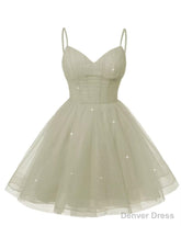 Womens V Neck Tulle Spaghetti Straps Silver Homecoming Dresses with Corset Back Short Prom Gowns for Teens