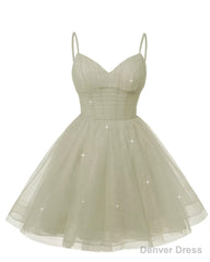 Womens V Neck Tulle Spaghetti Straps Silver Homecoming Dresses with Corset Back Short Prom Gowns for Teens