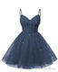 Womens V Neck Tulle Spaghetti Straps Stormy Blue Homecoming Dresses with Corset Back Short Prom Gown for Teens