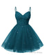 Womens V Neck Tulle Spaghetti Straps Teal Homecoming Dresses with Corset Back Short Prom Gown for Teens