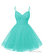 Womens V Neck Tulle Spaghetti Straps Turquoise Homecoming Dresses with Corset Back Short Prom Gown for Teens