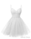 Womens V Neck Tulle Spaghetti Straps White Homecoming Dresses with Corset Back Short Prom Gown for Teens
