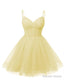 Womens V Neck Tulle Spaghetti Straps Yellow Homecoming Dresses with Corset Back Short Prom Gown for Teens