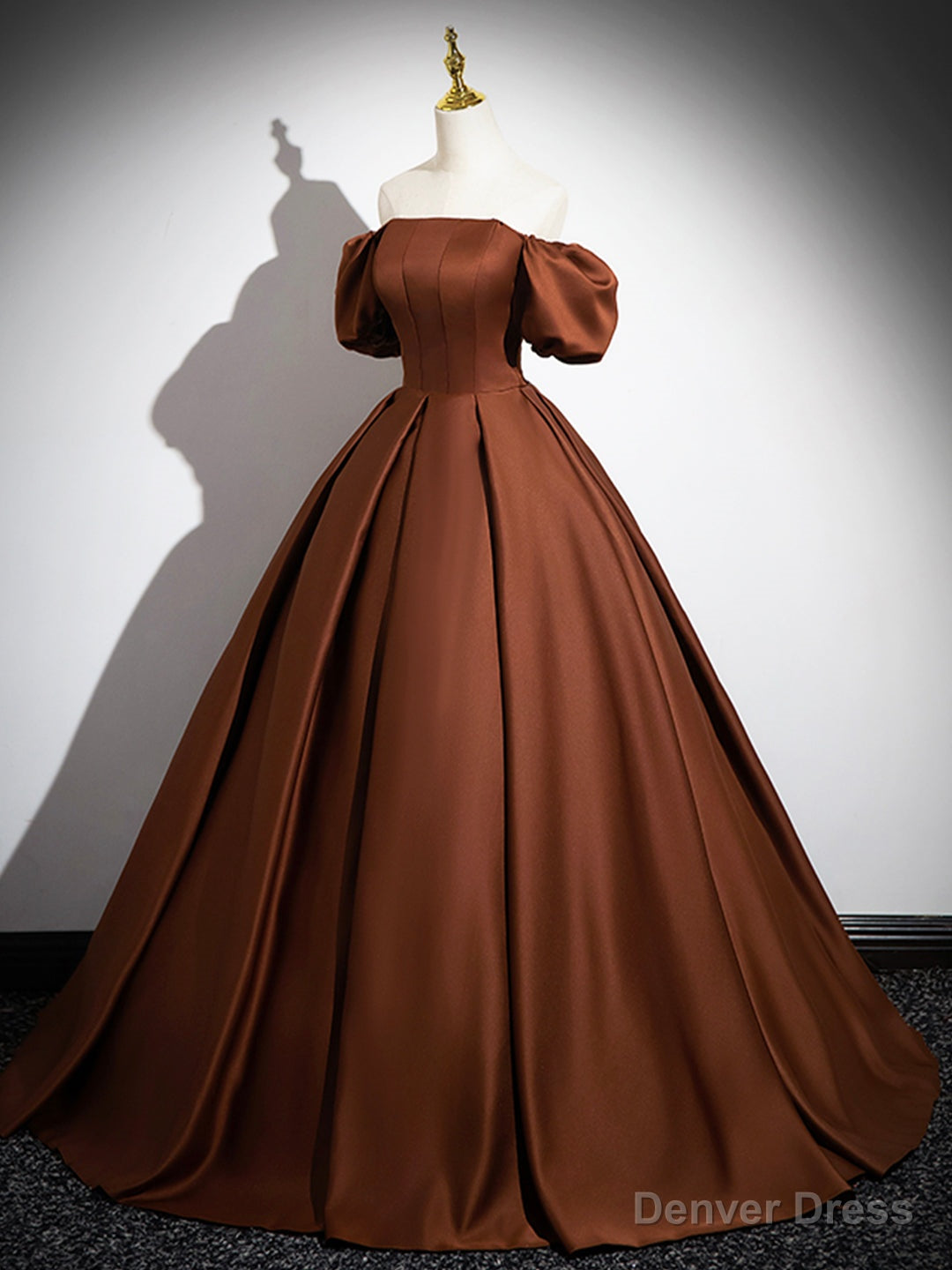 Brown Satin Floor Length Prom Dress , Off the Shoulder A Line Prom Dre
