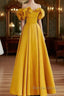 Yellow A Line Satin Off Shoulder Long Prom Dress, Yellow Prom Dress