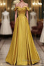 Yellow A-Line Simple Satin Off Shoulder Prom Dresses, Yellow Satin Formal Dresses