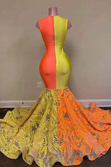 Yellow and Orange Mermaid Prom Dresses Lace Long On Sale