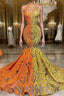 Yellow and Orange Mermaid Prom Dresses Lace Long On Sale