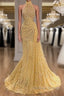 Yellow Prom Dress Long High Neck Sparkly Feather Luxury Bling Prom Gowns Prom Dresses