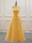Yellow Flowers Tulle Long New Prom Dress, A Line Prom Dresses